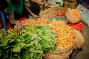 Vibrant Local Market with Fresh Produce Display
