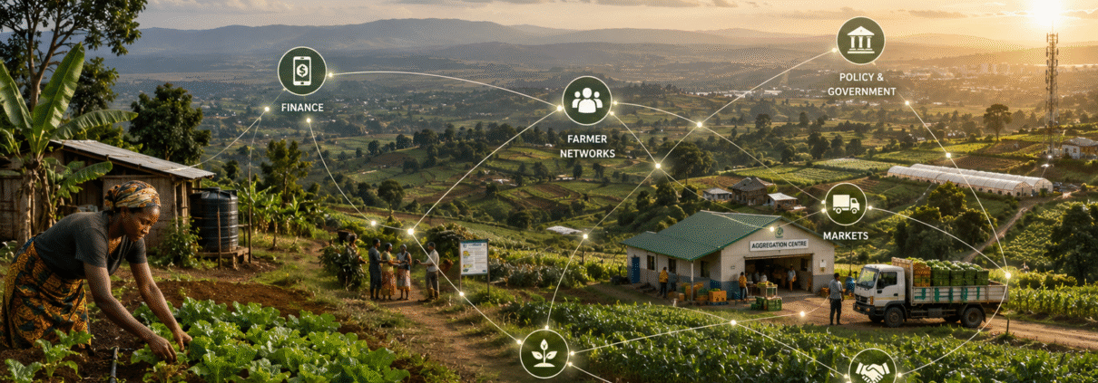 ChatGPT image showing the relationships of different bodies overlaying an African farming scene