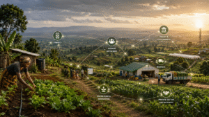 ChatGPT image showing the relationships of different bodies overlaying an African farming scene