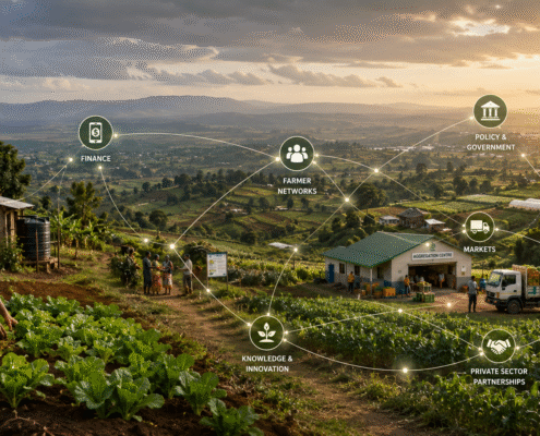 ChatGPT image showing the relationships of different bodies overlaying an African farming scene